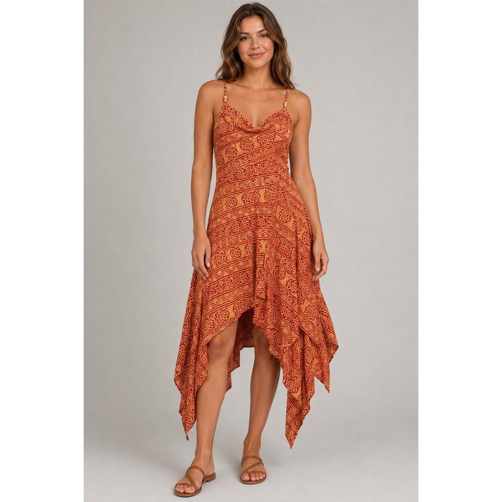 ViX Paula Hermanny Red Gold Silk Blend Handkerchief Hem Resort Dress Small